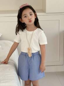 Dazy Kids 女孩夏季休闲白色T恤和条纹短裤套装，时尚街头风格 - 藍白色 - 查看 4