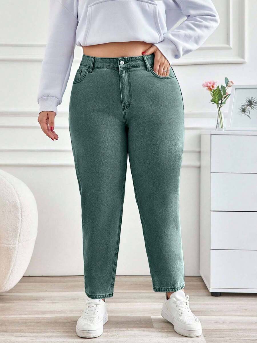SHEIN Cottnline Plus Size Women High Waist Skinny Daily Casual Jeans - Teal Blue - View 1