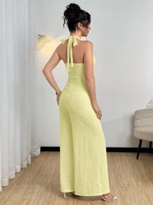 Modelyn Metalschnallen Trägerhemd ohne Ärmel & Jumpsuit mit weitem Bein Set für Damen - Gelb - Übersicht 2