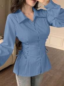 Modelyn Lace-Up Front Button Decor Fashion Long Sleeve Shirt Fall Cloth For Women - Blue - View 4