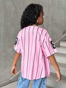 少女时尚街头条纹编织黑色字母印花短袖衬衫粉色棒球衫街头潮酷棒球衬衫 - 粉色 - 查看 2