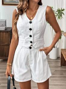 Chiquease Striped Print Button Front Vest Blazer & Shorts - White - View 4