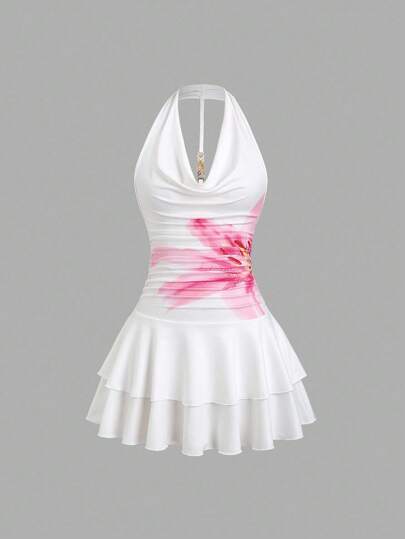 Sweetra Robe mini dos nu avec col drapé et imprimé floral