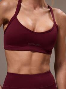 Musera Sport 女士交叉露背上衣和紧身裤运动套装 健身房健身瑜伽普拉提日常休闲 - 酒紅色 - 查看 8