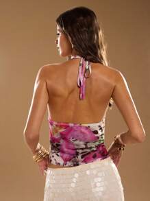 SHEIN BAE 女式花卉印花短款垂坠领上衣，夏季