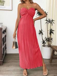 SHEIN Pregnant Women's Summer Elegant Solid Color Twist Tie Backless Camisole Dress - Pink - View 3
