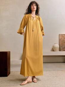 EMERY ROSE Vestido largo casual de moda de mujer con escote en V y mangas abullonadas largas para el verano - Mostaza Amarilla - Ver 7