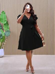 Slaydiva 大码黑色双荷叶边裹腰 A 字型春夏度假连衣裙 - 黑色 - 查看 3