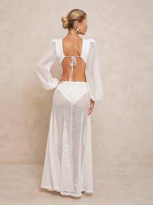 Lumalex 全白派对装扮 女士秋季简约复古闪亮假日派对装扮 锐舞节郊游泳装度假波西米亚风 BOHO 海滩热辣户外层叠式婚礼季宴会成人礼海滩海边交叉露背收腰连衣裙搭配飘逸长裙 女士白色网纱连衣裙镂空长裙 白色罩衫泳衣镂空连衣裙度假装 - 彩色 - 查看 3