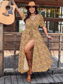 SHEIN LUNE Plus Size Casual All-Over Print Long Dress - Multicolor - View 4