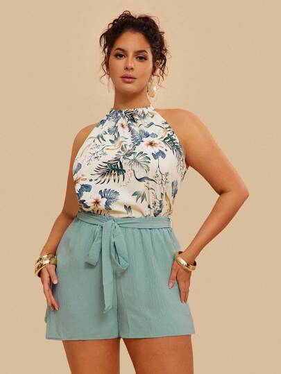 SHEIN VCAY Plus Floral Print Halter Top & Knot Front Summer Shorts