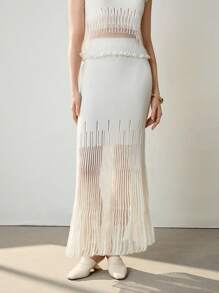 Uhlyne Uhlyne Élégante jupe longue en tricot côtelé mi-taille semi-transparente de couleur unie pour femmes, style affaires/décontracté, été/automne, minimaliste, décontracté chic, vacances, tenue de travail, enseignante, rentrée scolaire, automne, style old money - Blanc - Voir 2