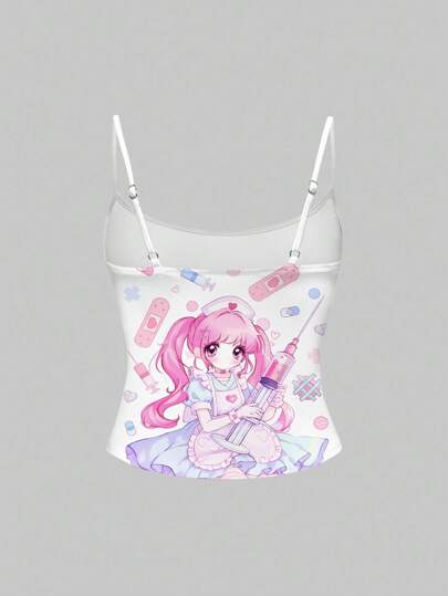 Anime Parte superior sin mangas con estampado total de personaje de anime de enfermera en forma de corazón en estilo Lolita Y2K, en blanco y rosa para mujer, refrescante para el verano