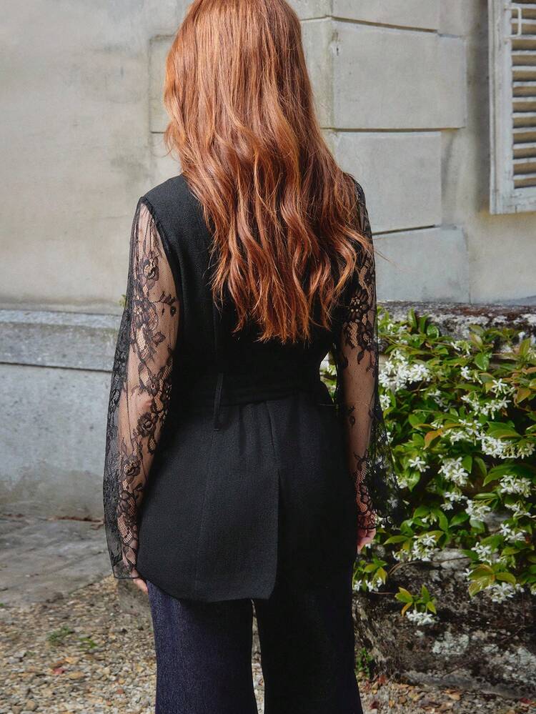 Black Tailored Blazer With Lace Sleeves And Tie Waist Belt Spring Office Spring Summer