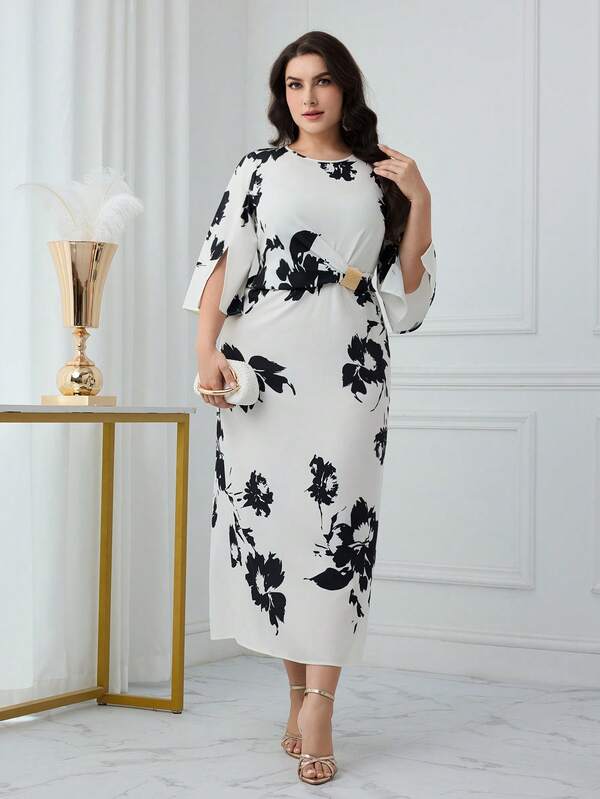 Modelyn Plus Size Women Floral Print Slit Sleeve Elegant Arabic Style Dress
