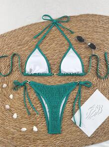 SHEIN 2pcs/Set Women Solid Color Lace-Up Sides Bowknot High Leg Bikini Swimsuit For Beach Vacation For Summer - Teal Blue - View 3