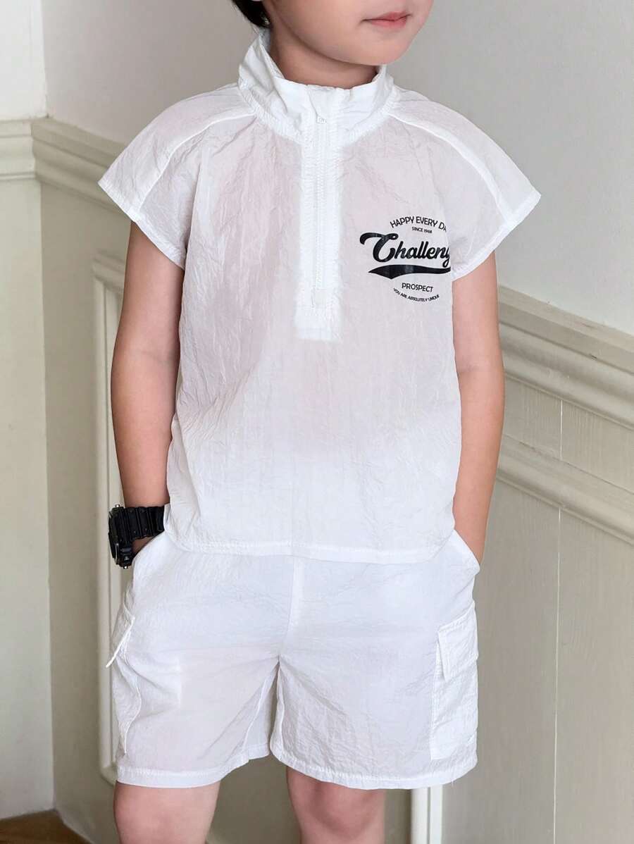 SHEIN Little Byeori 男童休闲立领半拉链夹克和工装短裤套装 - 白色 - 查看 1