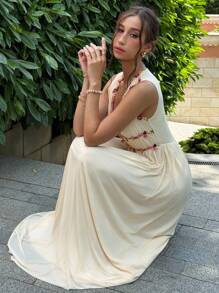 Aloruh 全新性感深 V 无袖褶皱腰 A 字裙，轻盈，适合派对、音乐节、鸡尾酒会 - 米色 - 查看 8