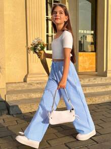 SHEIN Pantalones rectos a rayas de estilo informal para vacaciones de niñas preadolescentes Nova Glow - Celeste - Ver 4