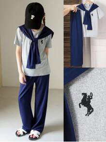 Tween Girl Casual Everyday Korean-Style T-Shirt & Pants & Shawl 3-Piece Set - Multicolor - View 1