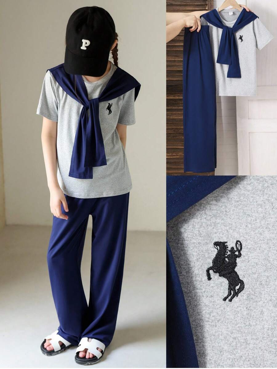 Tween Girl Casual Everyday Korean-Style T-Shirt & Pants & Shawl 3-Piece Set - Multicolor - View 1