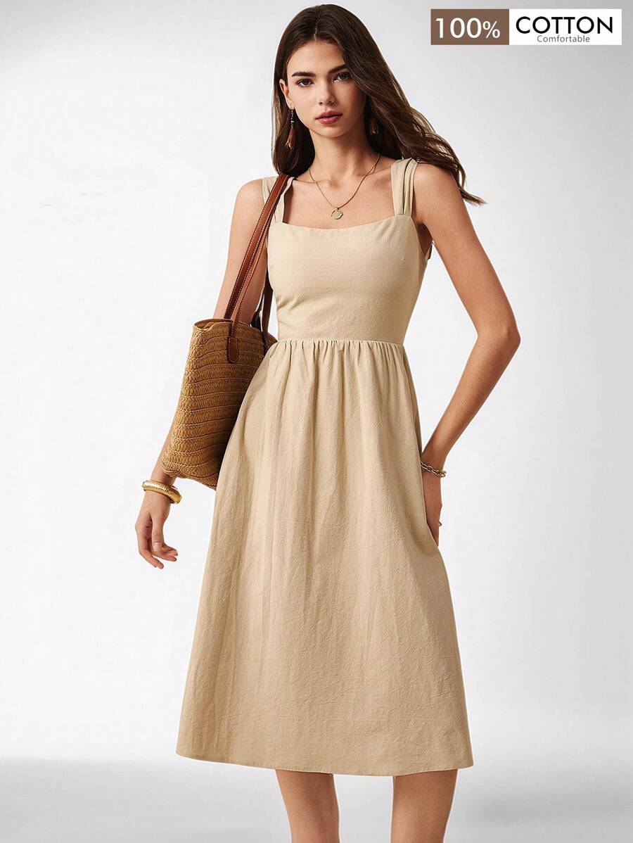 Poéselle Cotton Khaki Dress,Sundress, Casual Dress With Pockets,Summer Women Dresses,Women Linen Clothes,Beach Women Outfits,Women Square Neck Pleated Casual Long Dress Cotton Women Clothing Women Cotton Dress - Apricot - View 1