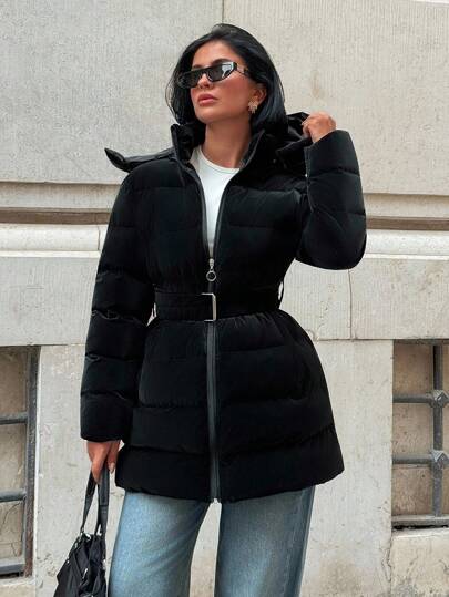 EURMUSE Women's Casual Warm Zip-Up Hooded Cotton Padded Coat For Winter