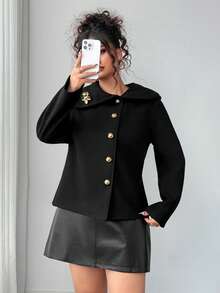 Elenzga Abrigo corto de lana de ajuste ceñido con broche de solapa y accesorios para mujer de talla grande