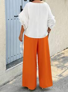 Calvaya Plus Size Simple Casual Solid Color Loose Top And Wide Leg Pants 2 Pieces Set - Orange - View 2