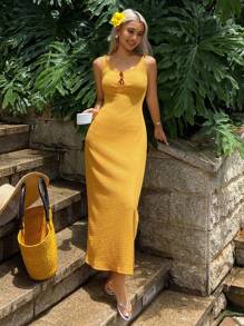 DAZY Women's Sweet Backless Spaghetti Strap Vacation Dress Women Sweater Dresses - Yellow - View 4