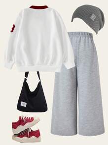 SHEIN Explorewe Girls 2pcs/Set Casual School V-Neck 79 Los Angeles Graphic Sweatshirt & Wide Leg Pants, Autumn/Winter - Multicolor - View 4