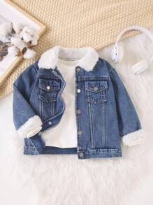 SHEIN Young Boys' Casual, Cute, And Comfortable Everyday Jacket With Fleece Detailing. Long-Sleeved, Lapel-Collared Jacket, Perfect For Travel, School, And Everyday Gatherings, Perfect For Fall And Winter.First Day Of School - Medium Wash - View 2