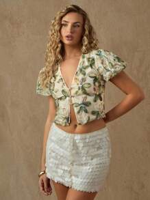 Glamine Blusa de mujer con escote en V, mangas abombadas y bordado floral verde, elegante y de moda para el verano