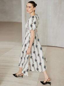 Aveloria Modichic Đầm ngắn tay bồng vai trễ vai thêu hoa văn ngẫu nhiên kiểu Pháp sang trọng, cao cấp, cổ tròn, thêu hoa giả Bohemian - Nhiều màu - Xem 6