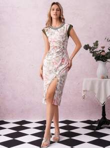 Omancia Women's Elegant Floral Print Split Hem Dress,Off-White Summer Date Night Outfit For Vacation,Afternoon Tea,Daily Outings,Spring/Summer - Multicolor - View 4