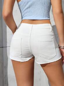 SHEIN PETITE 女式夏季休闲纯色原色下摆纽扣牛仔短裤 - 藍色 - 查看 2