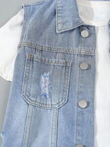 SHEIN Explorewe 2pcs/Set Tween Boys Ripped Denim Vest Jacket And Denim Shorts