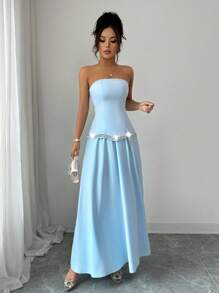 Elenzga Elegant Waisted Top With Rhinestones And Flared A-Line Skirt, Blue 2 Pieces Outfit Suit For Women, Suitable For Dating, Shopping, Outing, Music Festival And Other Occasions In Spring/Summer