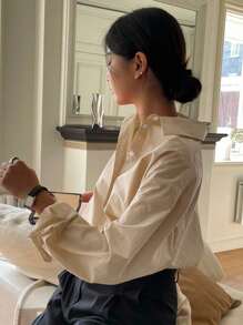 DAZY 女式纯色长袖单排扣休闲办公室衬衫 - 杏色 - 查看 2