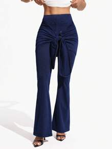 SHEIN Essnce Women's Slim Fit Elastic High Waist Flared 2 In 1 All Season Denim Pants - Blue - View 3