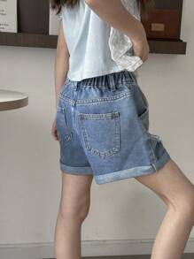Tween Girls Casual Versatile Streetwear Distressed Designed Comfortable Washed Denim Shorts, Fashionable Item For Party, Campus In 2025
