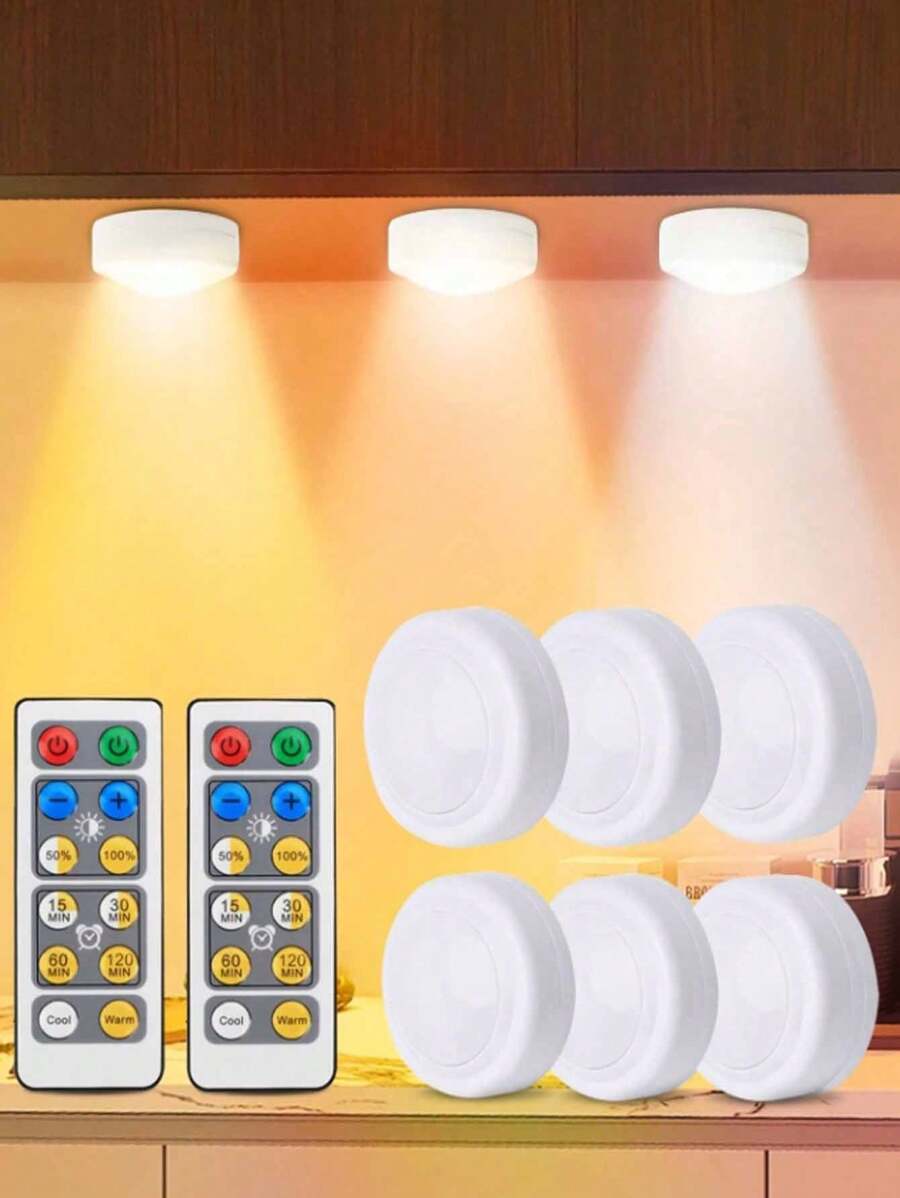 3/6 件套 LED 橱柜灯带遥控器，三色灯定时器调光圆盘灯，AAA 电池供电，适用于酒柜、落地柜、衣柜、卧室、厨房照明 - 白色 - 查看 1