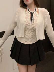 Dazy Plus 半透明修身短款长袖披肩罩衫，秋季女装 - 白色 - 查看 4