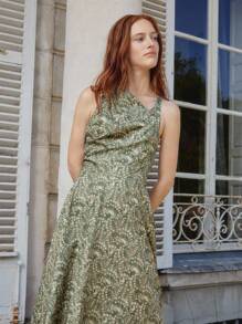 lacRébo Asymmetric Halter Midi Dress With Olive Floral Print Autumn Dress Office Outfits For Women Teacher Dress Wedding Guest Dress Flowy Dress Spring Summer - Green - View 1
