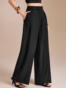 Spring Affair Solid Color Pleated High Waist Straight Leg Palazzo Pants, Casual Formal Party Vacation Teacher Outfits For Women Wide Leg Pants Women - Black - View 1