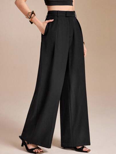 Spring Affair Solid Color Pleated High Waist Straight Leg Palazzo Pants, Casual Formal Party Vacation Teacher Outfits For Women Wide Leg Pants Women