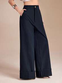 MEYER STUDIO 牛仔蓝梭织高腰卷边阔腿长裤女休闲西装裤藏青色裤套装女女士裤套装正式裤套装阔腿裤套装 - 寶藍色 - 查看 5