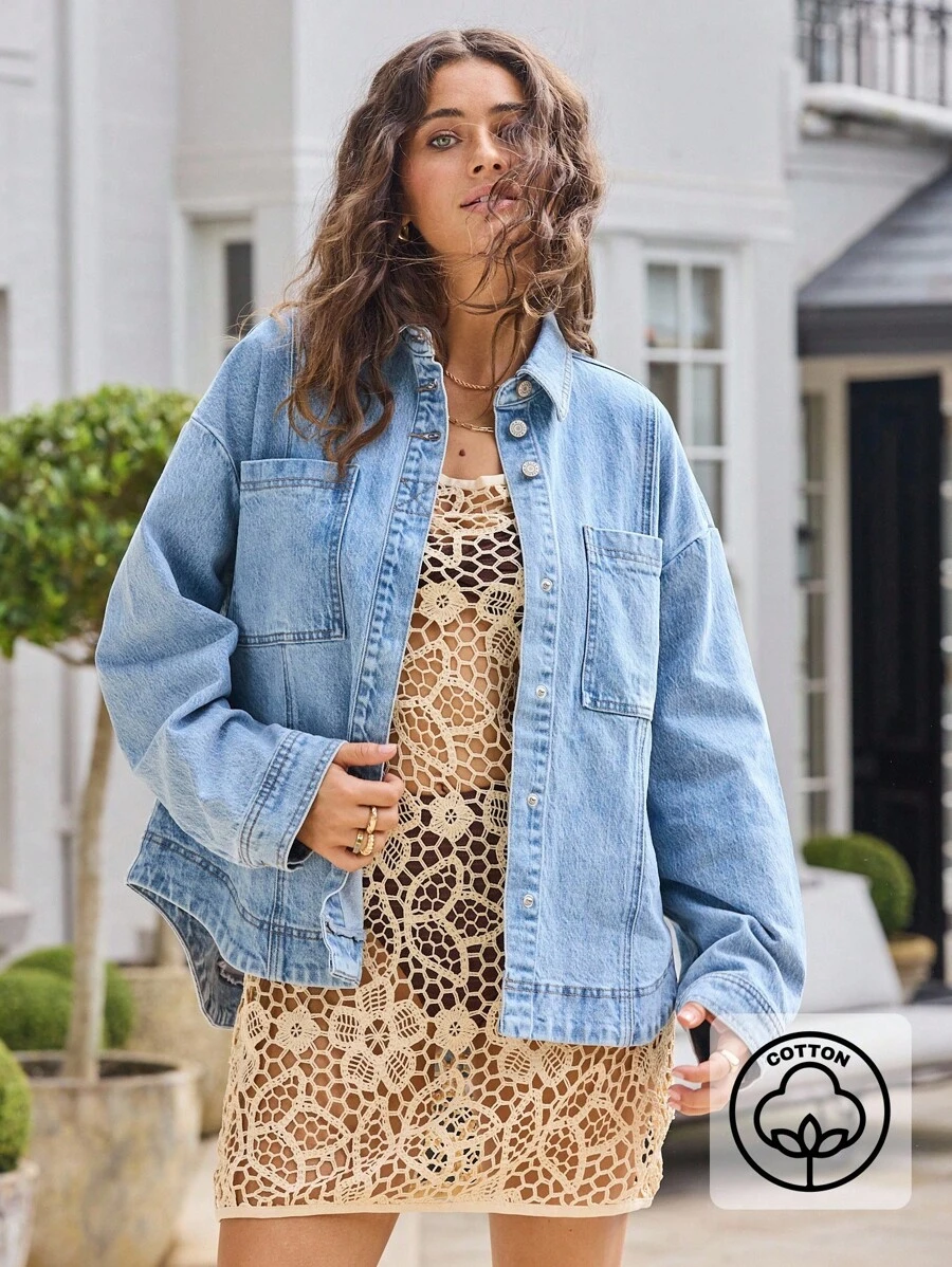 Aralina 女式长袖单排扣口袋牛仔休闲夹克 - 淺色水洗藍 - 查看 1