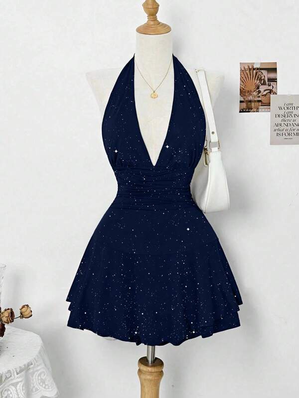 SHEIN Clasi Elegant Women Holiday Party Halter Sequined Dress