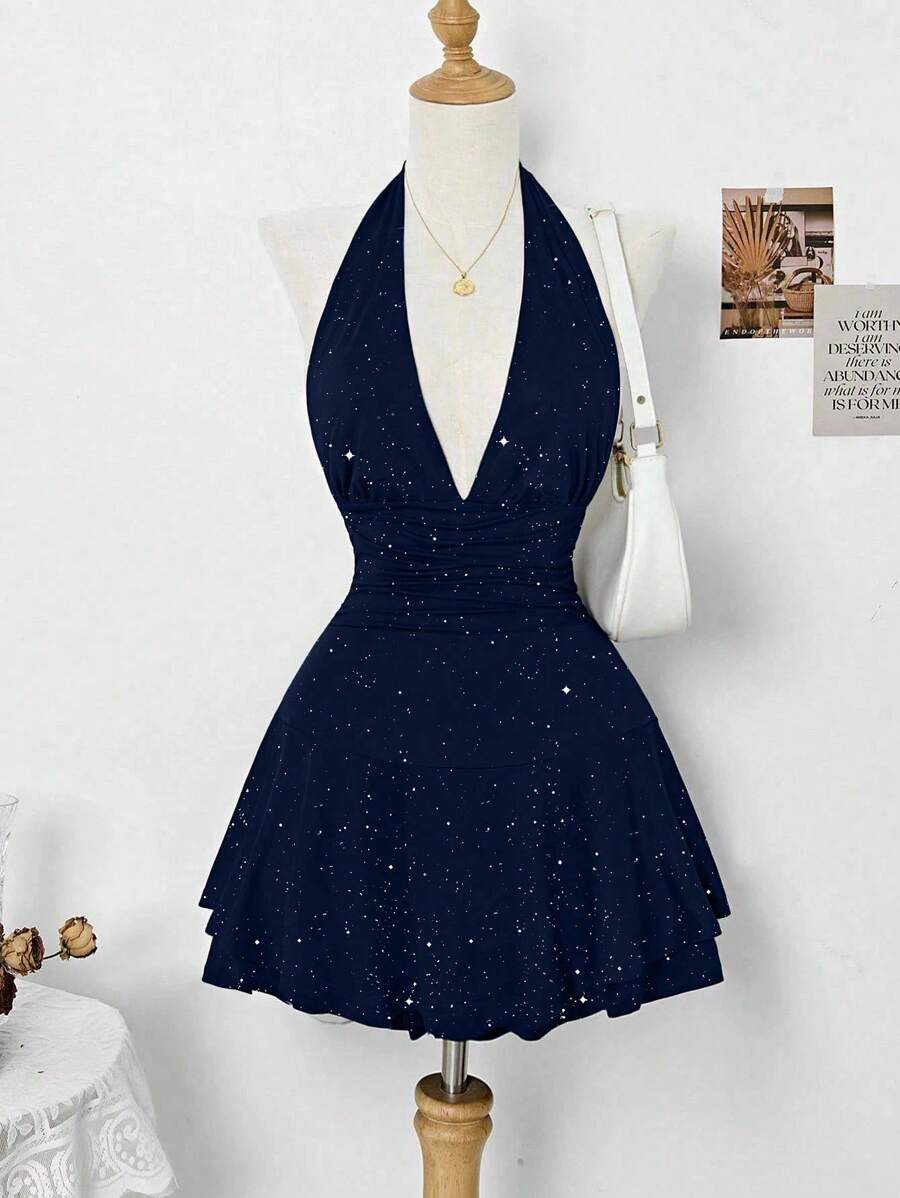 SHEIN Clasi 优雅女士节日派对吊带亮片连衣裙 - 藏蓝色 - 查看 1